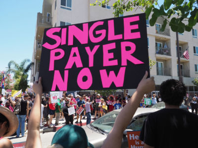 People rally in favor of single-payer healthcare in South Gate, California.