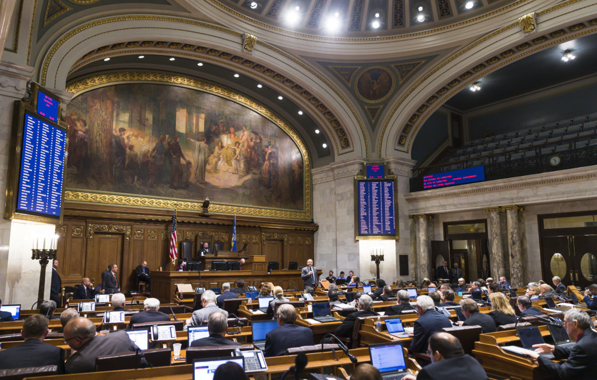 Wisconsin Representative Gordon Hintz (D-Oshkosh) addresses the Assembly during a contentious legislative session on December 4, 2018, in Madison, Wisconsin.