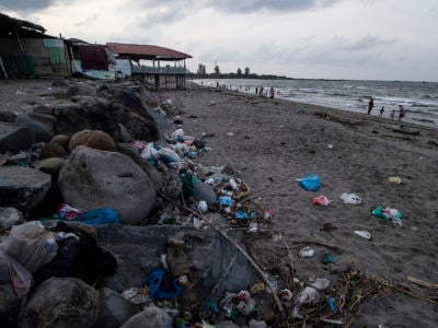 A view of the coastal area polluted by garbage in Ujong Blang village, Lhokseumawe, Indonesia. The country produces about 10.4 million tons of plastic waste per year. 8.2 million tons or 79 percent of plastic waste ends up in landfills and public places such as beaches.