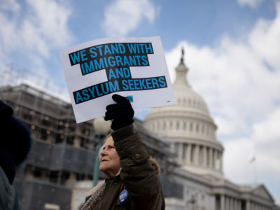 A group of immigrants and activists protest outside Capitol Hill against the Trump administration's immigration policy in Washington, D.C, on March 6, 2019.