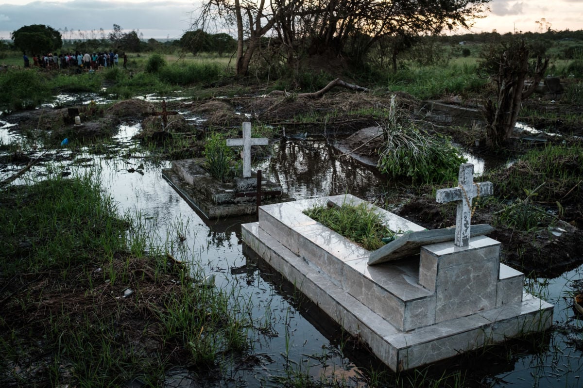 Flooded graves are seen following a strong cyclone that hit Beira, Mozambique, on March 20, 2019. Five days after tropical cyclone Idai cut a swathe through Mozambique, Zimbabwe and Malawi, the confirmed death toll stood at more than 300 and hundreds of thousands of lives were at risk, officials said.