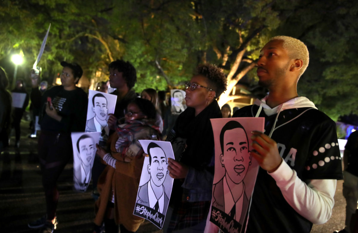 Black Lives Matter protesters march through the streets as they demonstrate the decision by Sacramento District Attorney to not charge the Sacramento police officers who shot and killed Stephon Clark last year on March 04, 2019, in Sacramento, California.