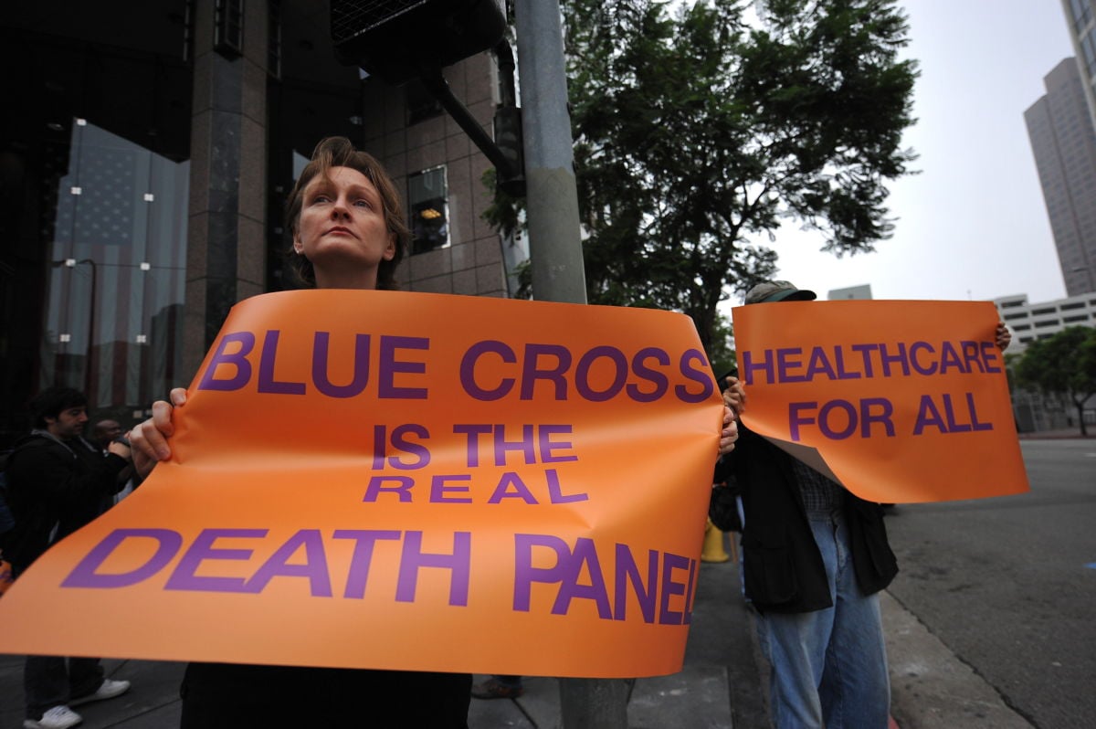 Protesters demonstrate outside the offices of health insurance company Blue Cross of California, in downtown Los Angeles on October 15, 2009.