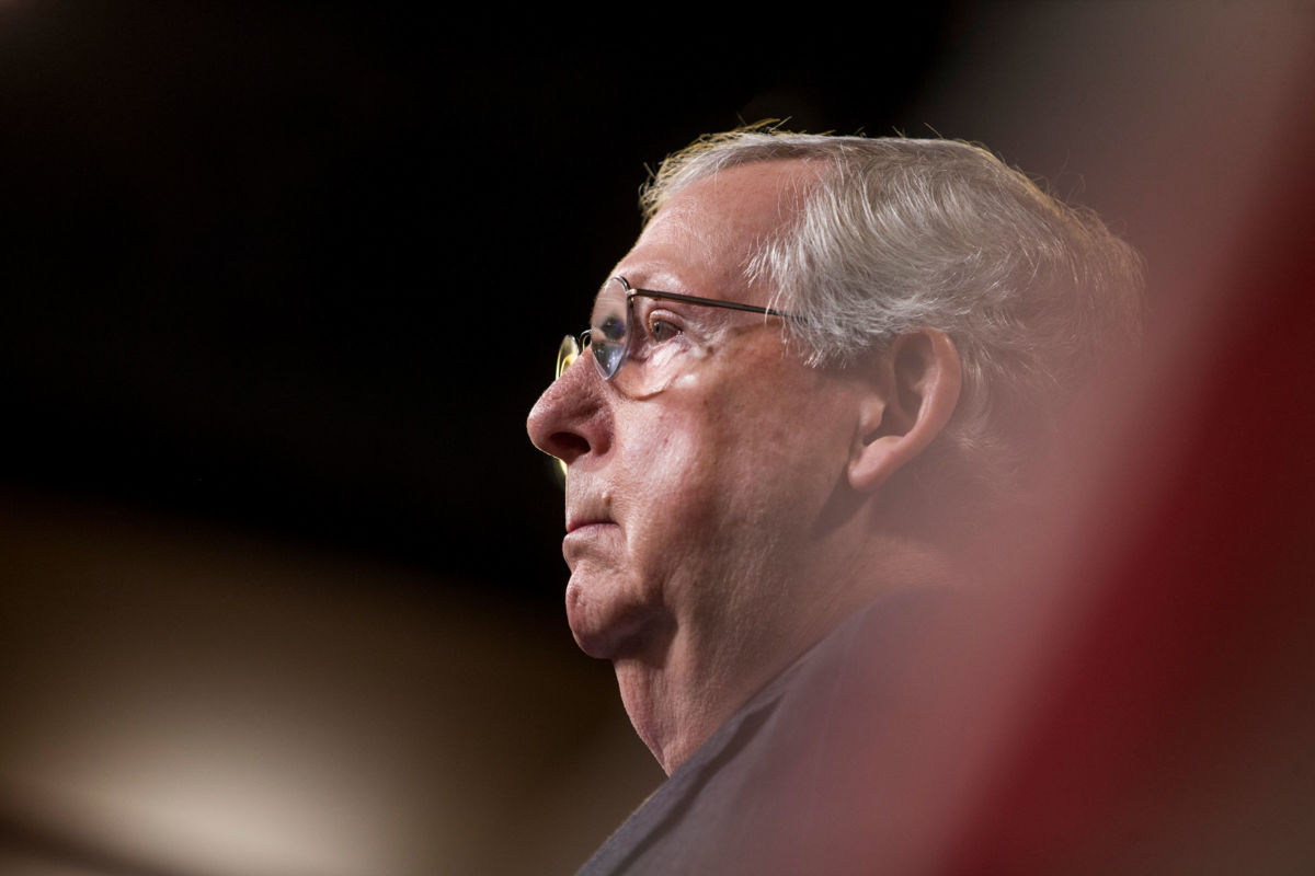 Senate Majority Leader Mitch McConnell speaks at the Capitol Building