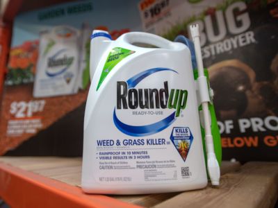 A containter of Monsanto Roundup sits on a shelf