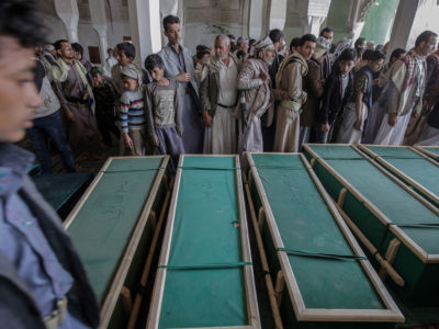 Mourners attend a funeral procession in Sanaa, Yemen, for victims of an airstrike by the Saudi-led coalition.