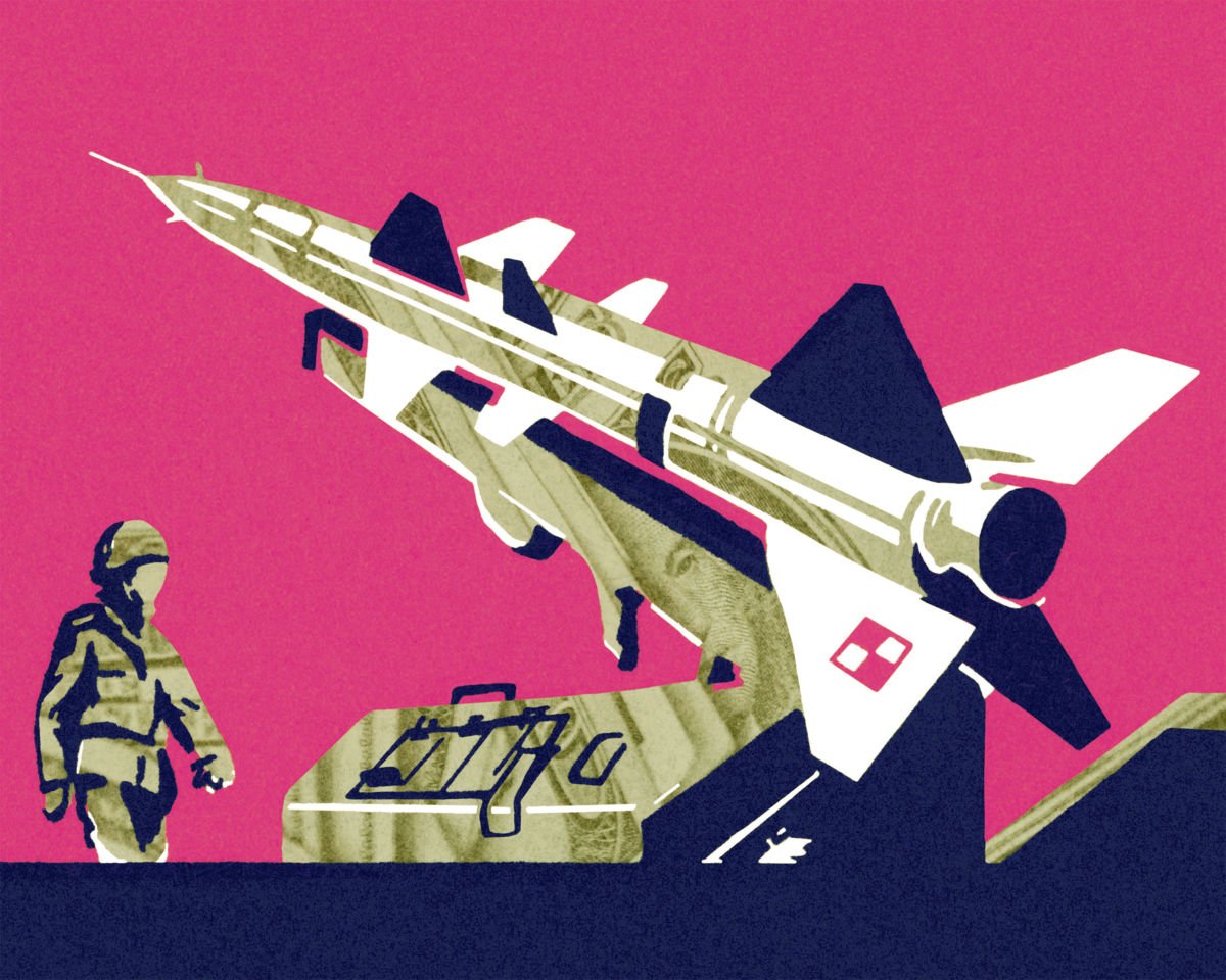 An illustration of a soldier walking by a missile launcher overlaid with money