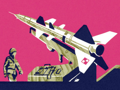 An illustration of a soldier walking by a missile launcher overlaid with money