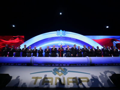 Attendees stand during the opening ceremony of the Trans-Anatolian Natural Gas Pipeline