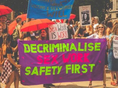 Sex workers demonstrate outside a parlimentary debate in London on the July 4, 2018, to protest discussion of a UK version of FOSTA.