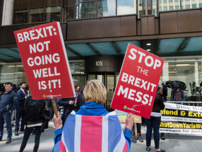 A woman stands in front of the National Executive Committee of the Labour Party holding two signs. One says "Brexit: Not going well is it?" and "Stop the Brexit Mess!" while wearing a Union Jack Flag on her back.