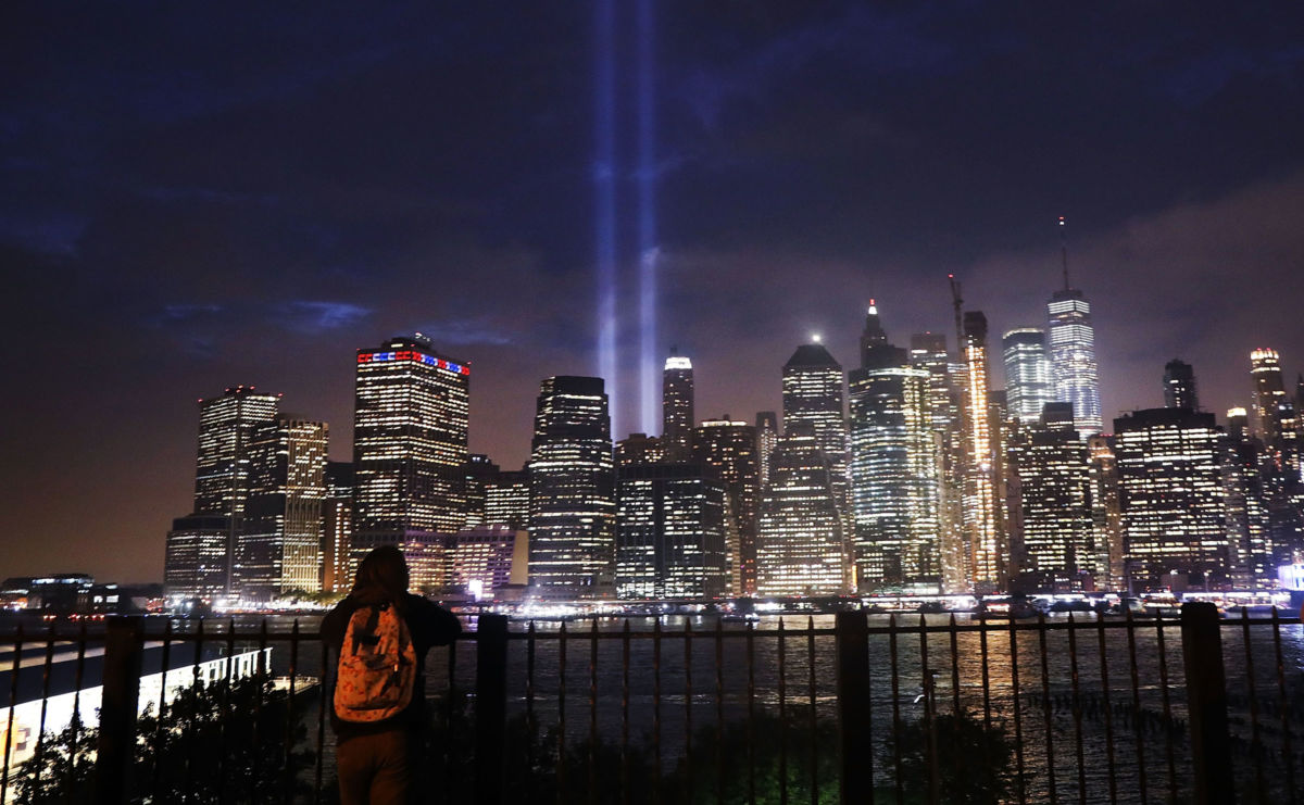 The 'Tribute in Light' memorial lights up lower Manhattan near One World Trade Center on September 11, 2018, in New York City.