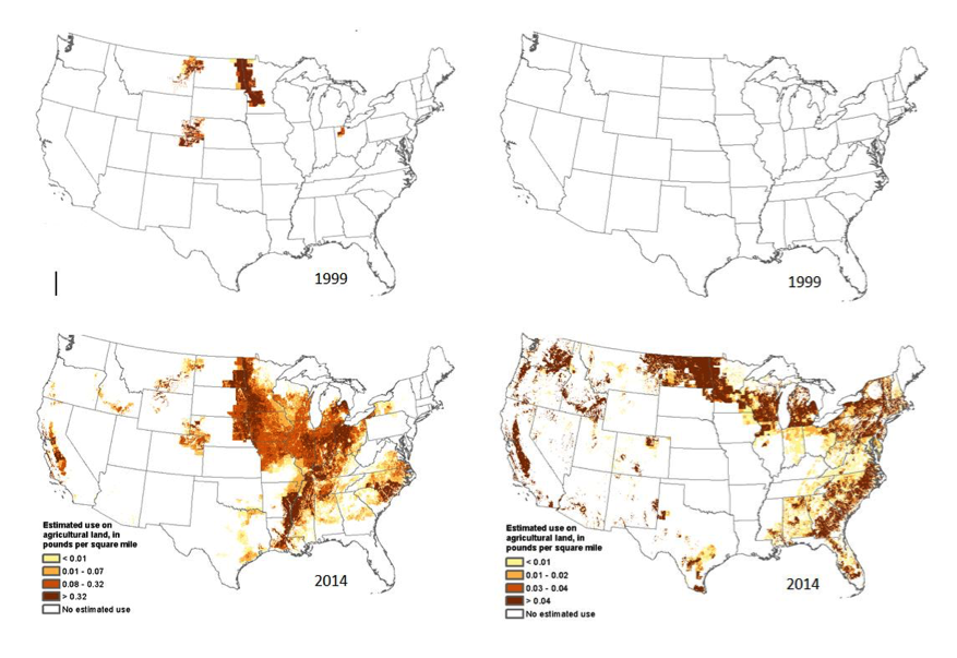 Estimated agricultural use (EPest-high) of fungicides tetraconazole (left) and boscalid (right) in pounds per U.S. square mile, 1999 and 2014. State-based and other restrictions on pesticide use were not incorporated into EPest-high or EPest-low estimates. EPest-low estimates usually reflect these restrictions because they are based primarily on surveyed data. EPest-high estimates include more extensive estimates of pesticide use not reported in surveys, which sometimes include States or areas when use restrictions have been imposed. Users should consult with State and local agencies for specific use restrictions.