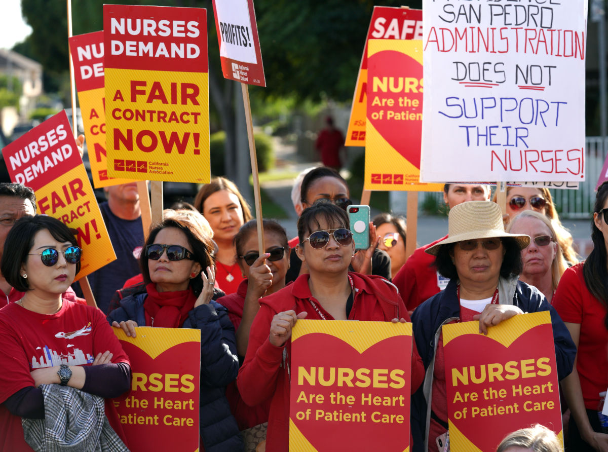 More than 100 nurses hold a one-day strike to protest declining working conditions at Providence Little Company of Mary hospital in San Pedro on November 27, 2018.
