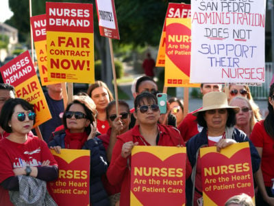 More than 100 nurses hold a one-day strike to protest declining working conditions at Providence Little Company of Mary hospital in San Pedro on November 27, 2018.