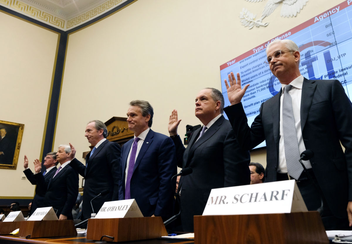 Seven CEOs of the country’s largest banks were called to testify a decade after the global financial crisis before a House Financial Services Committee hearing on April 10, 2019, in Washington, D.C.