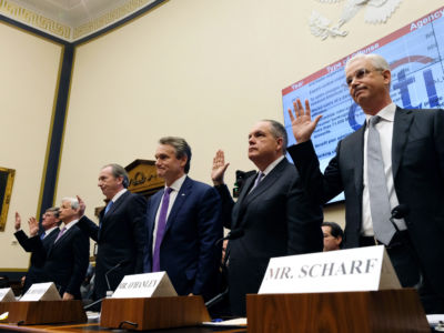 Seven CEOs of the country’s largest banks were called to testify a decade after the global financial crisis before a House Financial Services Committee hearing on April 10, 2019, in Washington, D.C.