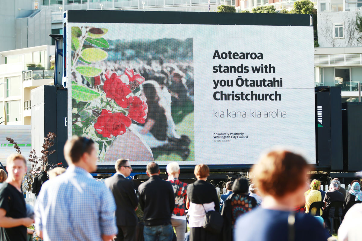 A message to Christchurch is displayed on a big screen during a National Remembrance Service at Waitangi Park on March 29, 2019, in Wellington, New Zealand.