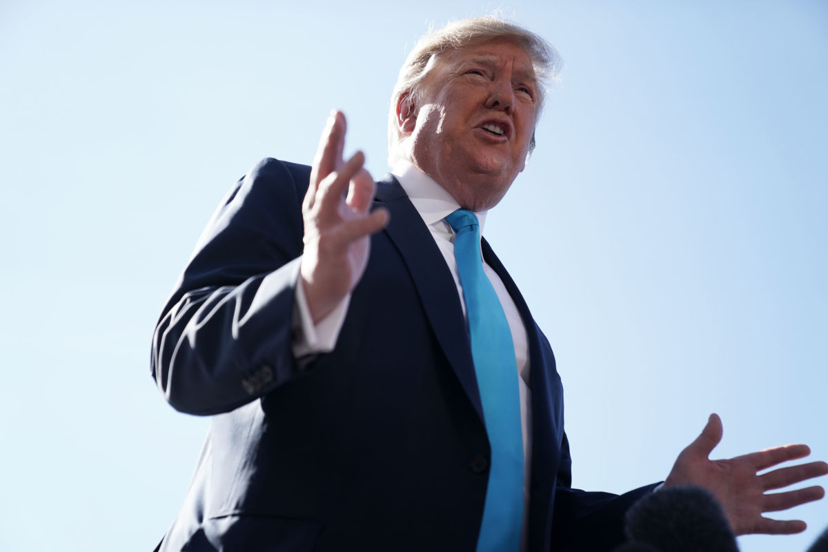 President Donald Trump speaks to members of the media prior to his departure from the White House April 10, 2019, in Washington, D.C.