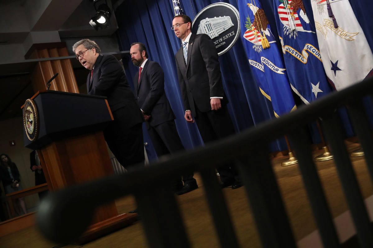 U.S. Attorney General William Barr speaks about the release of the redacted version of the Mueller Report at the Department of Justice April 18, 2019, in Washington, DC.