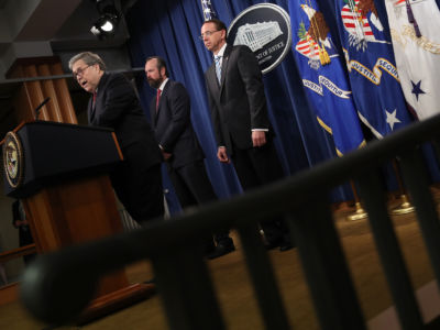 U.S. Attorney General William Barr speaks about the release of the redacted version of the Mueller Report at the Department of Justice April 18, 2019, in Washington, DC.