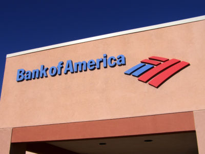 A photo of the outer facade of a Bank of America building