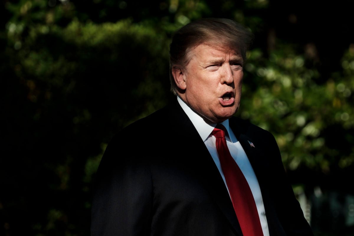 President Trump stops to talk to the media about the shooting in a California synagogue as he makes his way to Marine One on the South Lawn of the White House on April 27, 2019, in Washington, D.C.