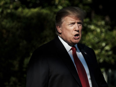 President Trump stops to talk to the media about the shooting in a California synagogue as he makes his way to Marine One on the South Lawn of the White House on April 27, 2019, in Washington, D.C.