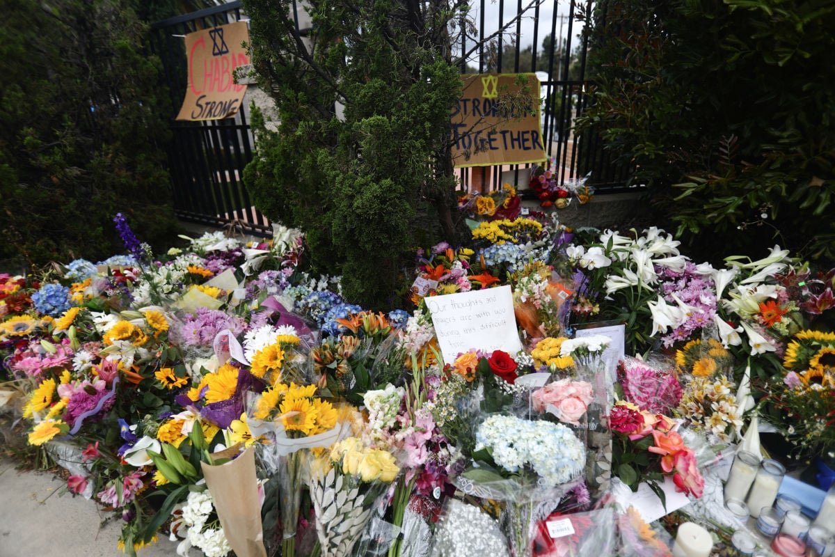 Flowers and mementos are left outside the funeral for Lori Gilbert Kaye on April 29, 2019, in Poway, California. Kaye was killed inside the Chabad of Poway synagogue by a gunman who opened fire during services.