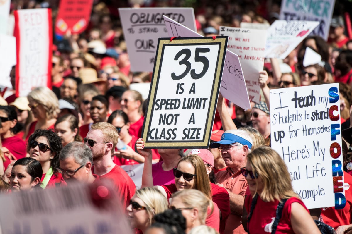 Teachers and their supporters rally at the South Carolina State House on May 1, 2019, in Columbia, South Carolina.