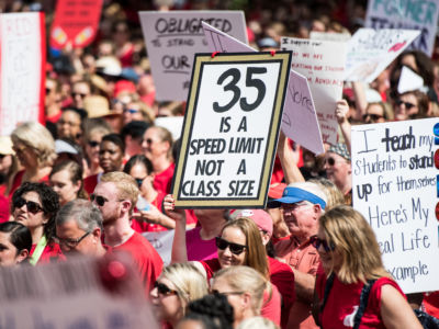 Teachers and their supporters rally at the South Carolina State House on May 1, 2019, in Columbia, South Carolina.