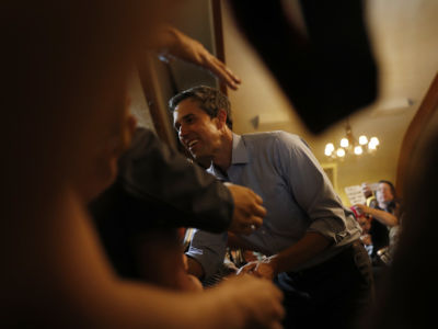 Democratic presidential candidate and former U.S. Rep. Beto O'Rourke greets supporters during a campaign town hall at the Irish Cultural Center on April 28, 2019, in San Francisco, California.