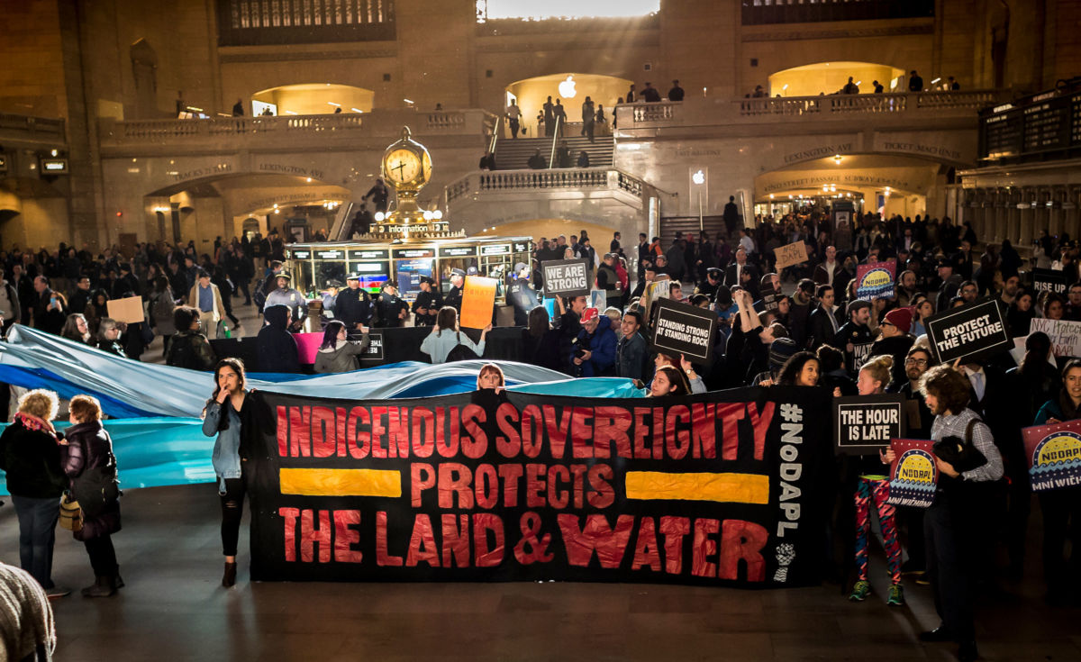 Hundreds of New Yorkers gathered at Grand Central Station in solidarity with Indigenous and non-Indigenous allies protesting against the Dakota Access Pipeline on November 1, 2016.