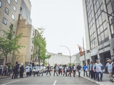 Korean Americans take part in a DMZ Peace Chain in New York City on April 27, 2019.