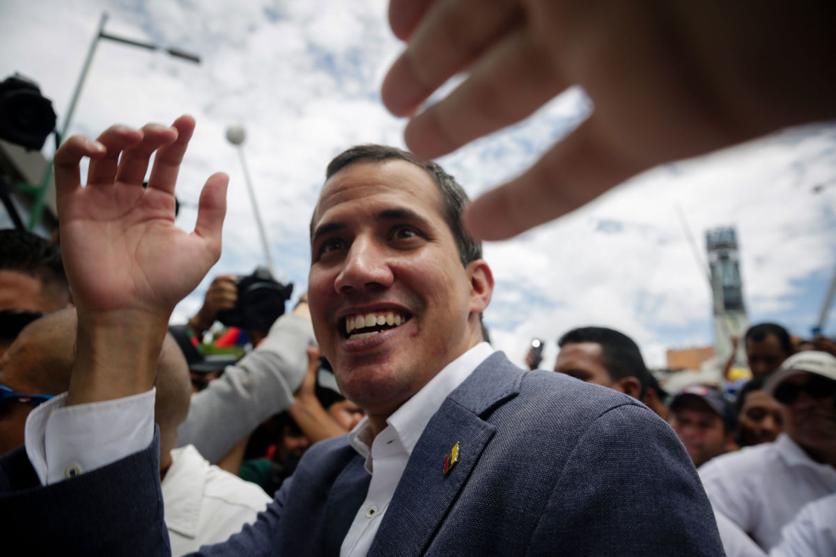 Opposition leader Juan Guaido greets supporters during a demonstration against President of Venezuela Nicolás Maduro at Plaza Alfredo Sadel on May 11, 2019, in Caracas, Venezuela.