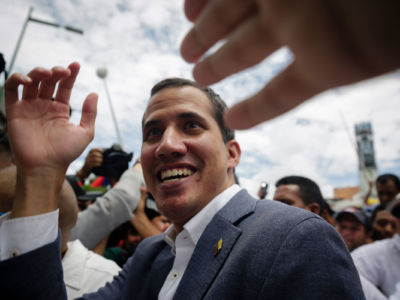 Opposition leader Juan Guaido greets supporters during a demonstration against President of Venezuela Nicolás Maduro at Plaza Alfredo Sadel on May 11, 2019, in Caracas, Venezuela.