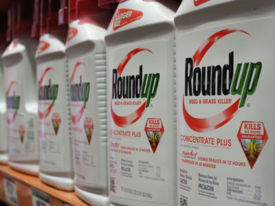 Bottles of Monsanto's Roundup are seen for sale June 19, 2018, at a retail store in Glendale, California.