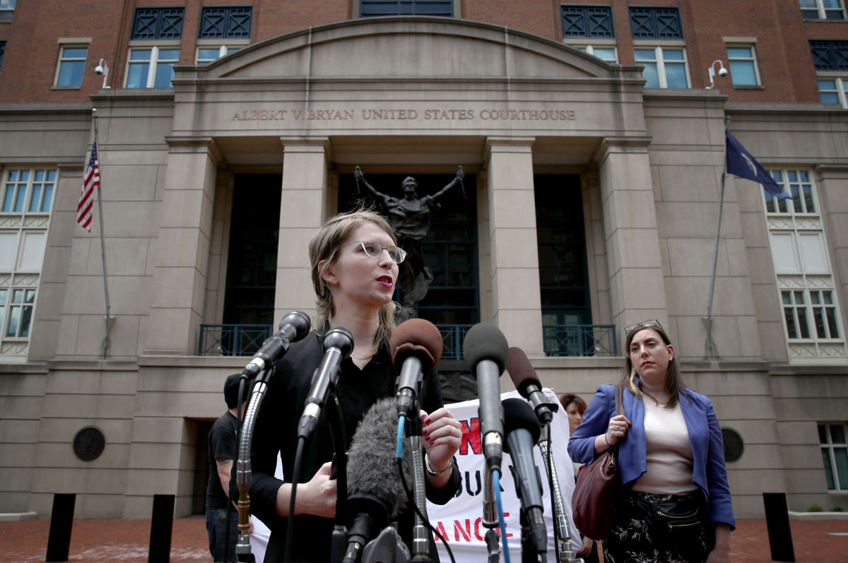Former U.S. Army intelligence analyst Chelsea Manning addresses reporters outside the Albert Bryan U.S federal courthouse with attorney Moira Meltzer-Cohen on May 16, 2019, in Alexandria, Virginia.
