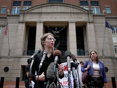 Former U.S. Army intelligence analyst Chelsea Manning addresses reporters outside the Albert Bryan U.S federal courthouse with attorney Moira Meltzer-Cohen on May 16, 2019, in Alexandria, Virginia.