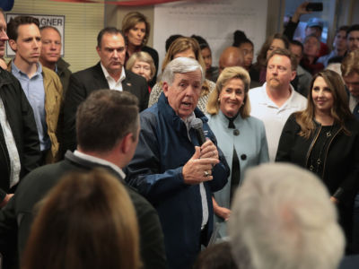 Missouri Gov. Mike Parson speaks in support of Republican U.S. Senate candidate Josh Hawley during a campaign rally at the MOGOP field Office on November 5, 2018, in St. Louis, Missouri. Recently, Parson voiced his support for Alabama's recent anti-choice legislation.