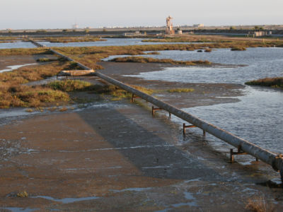 An oil pipeline on the Bolsa Chica Ecological Preserve, in Huntington Beach, California.