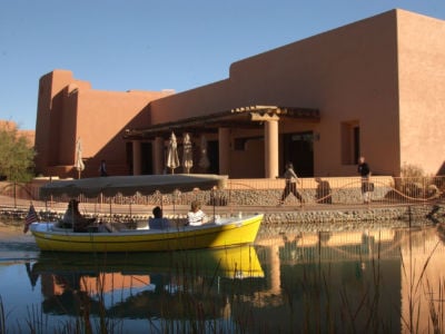A water taxi shuttles guests to and from a hotel and the neighboring Wild Horse Pass Casino on the Gila Indian Reservation in Arizona.