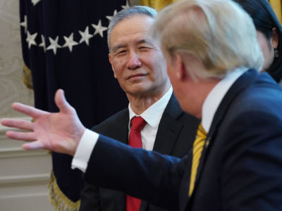 President Trump and Chinese Vice Premier Liu He talk to reporters in the Oval Office at the White House, April 4, 2019, in Washington, D.C.