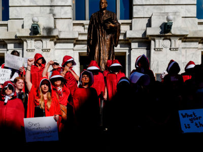 Protesters referencing The Handmaid's Tale stand outside the Louisiana Supreme Court in New Orleans, Louisiana, on May 25, 2019, to protest a bill that, if passed, would ban abortion at six weeks. The bill is scheduled for a vote on May 28.