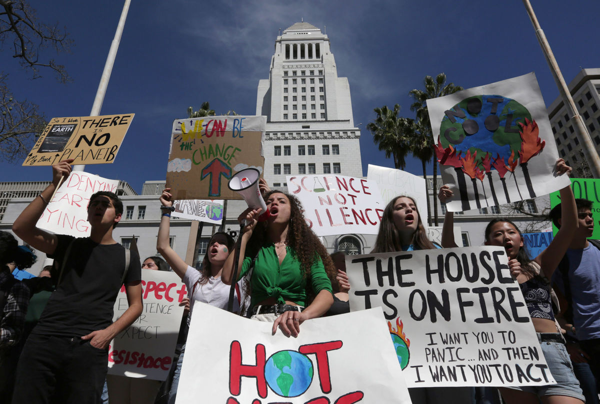 Los Angeles youth join a nationwide strike from school as they protest climate change and strike for the Green New Deal and "other necessary actions to solve the climate crisis," at City Hall in downtown Los Angeles.