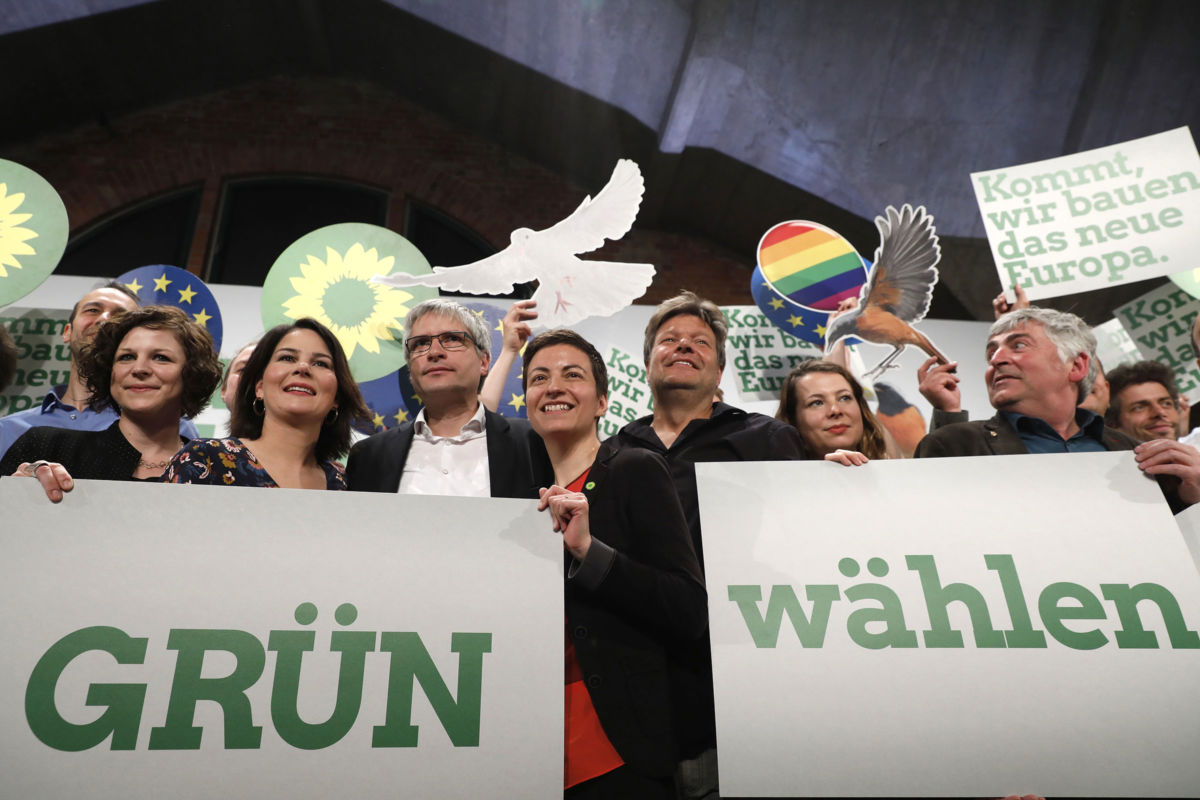 Candidates and other members of the party wave to delegates at a Greens party congress ahead of European elections on May 18, 2019, in Berlin, Germany.