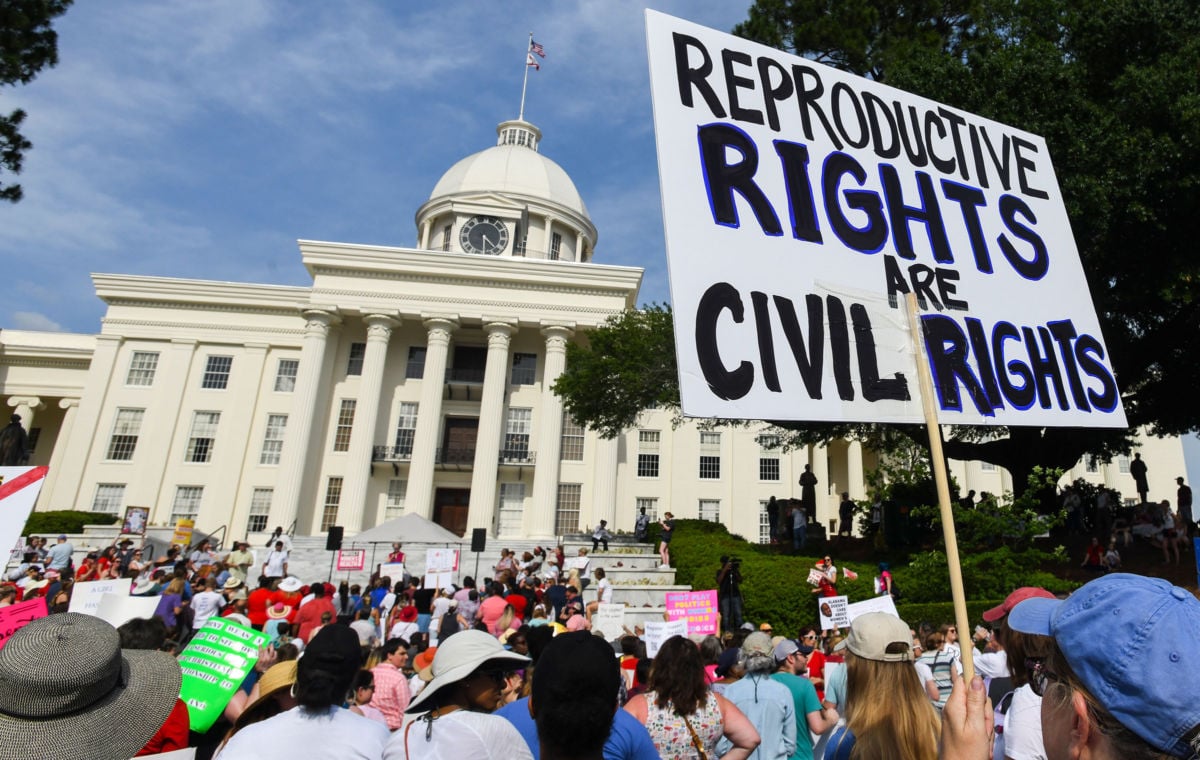 Protesters participate in a rally against one of the nation's most restrictive abortion bans on May 19, 2019, in Montgomery, Alabama.