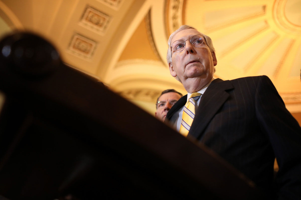 Senate Majority Leader Mitch McConnell answers questions during a press conference at the U.S. Capitol on May 14, 2019, in Washington, D.C.
