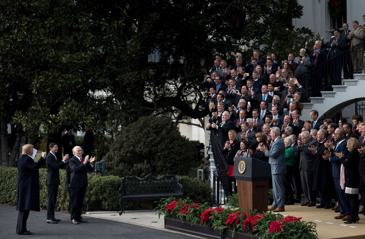 President Trump, Speaker of the House Paul Ryan and Vice President Pence arrive to speak about tax reform legislation during an event on December 20, 2017, in Washington, D.C.