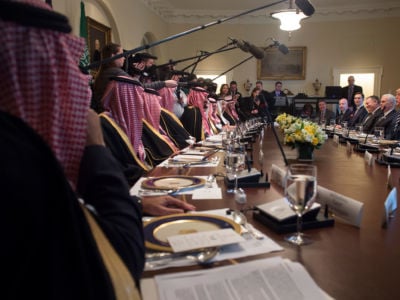 President Trump holds a lunch meeting with Saudi Arabia's Crown Prince Mohammed bin Salman and members of his delegation in the Cabinet Room of the White House in Washington, D.C., March 20, 2018.